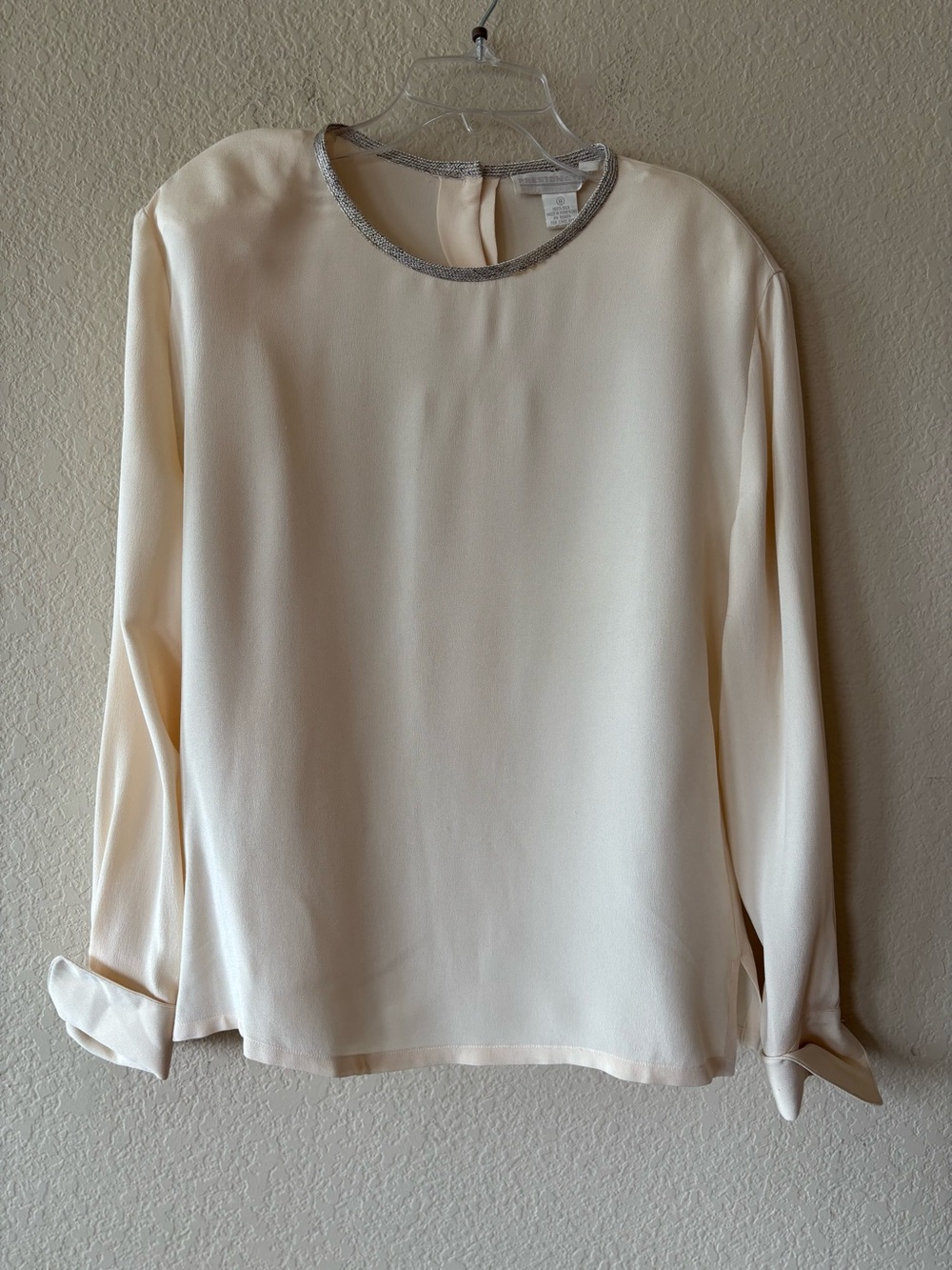 Preston‎ & York 100% Silk Ivory Button Back Blouse Metallic Trim Size 8 Vintage